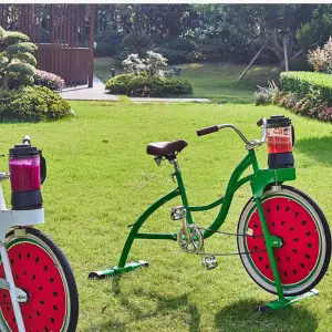 Photo of a smoothie bike activity at a company outdoor event; also used for a trade show event. Ideal for corporate festival activities.