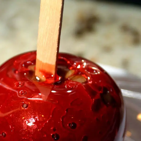 An apple on a stick during a "candy apple" event at a company