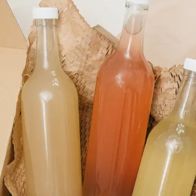 bottles of fruit juice during a corporate breakfast or snack event
